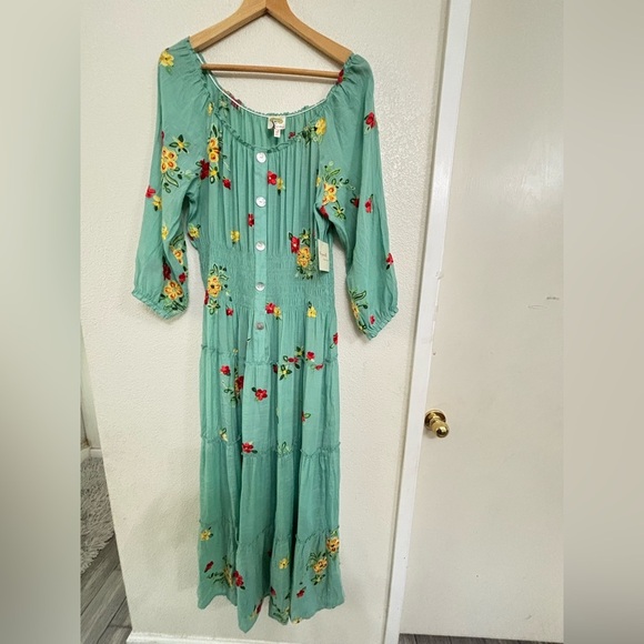Anthropologie Fig and Flower Aqua Floral Embroidered Maxi Dress Button Front - Picture 3 of 12